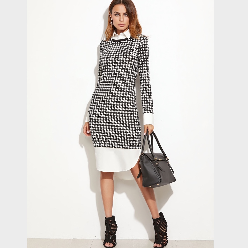 New! Houndstooth Contrast Curved Hem Shirt Dress